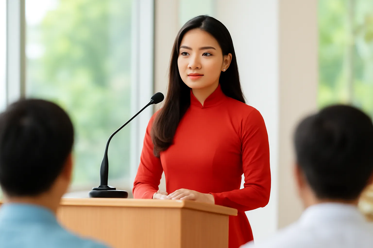 Người phát biểu đứng trước micro ở bục, khán giả mờ phía trước