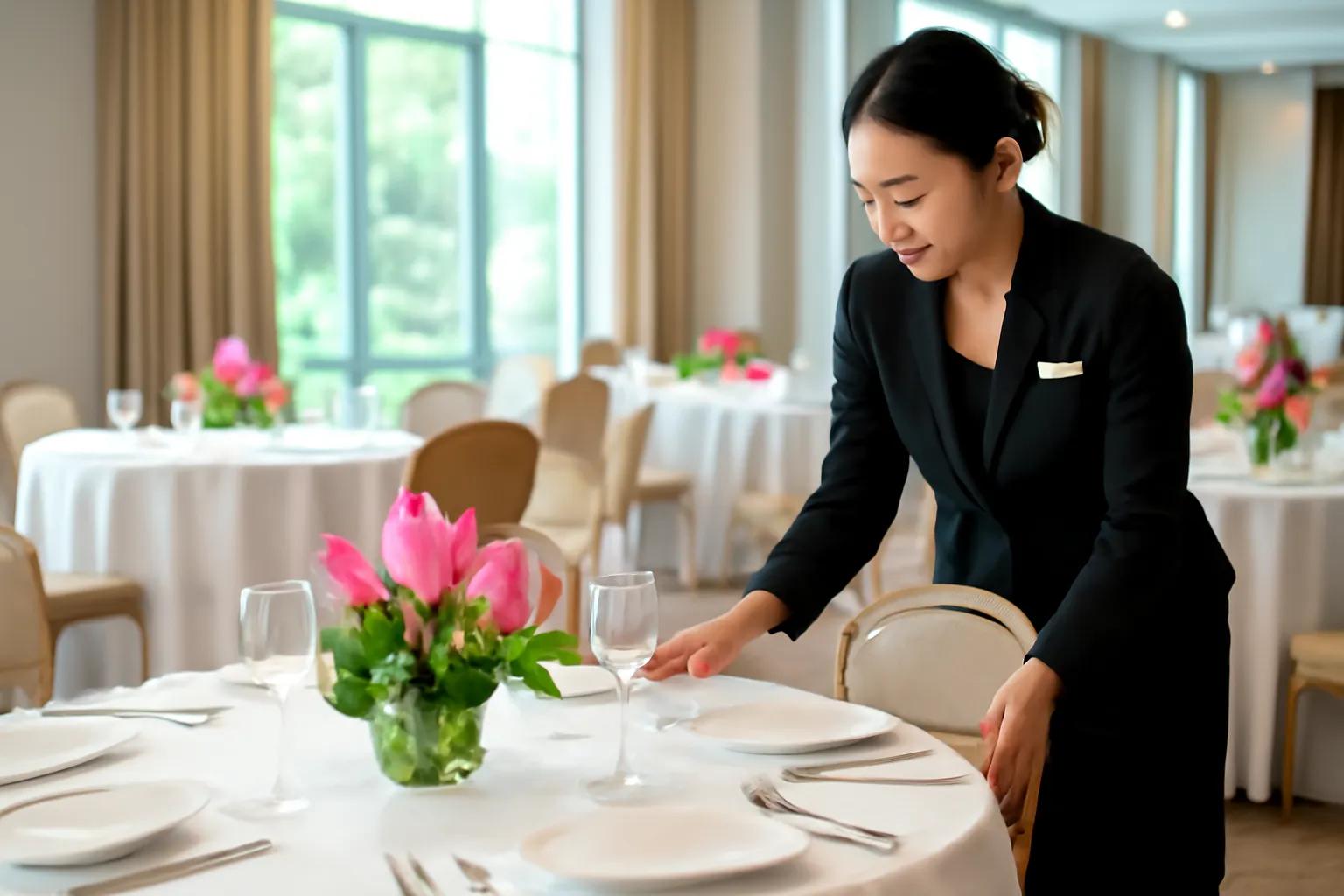 Nhân viên khách sạn chỉnh ghế quanh bàn tiệc tròn trải khăn trắng