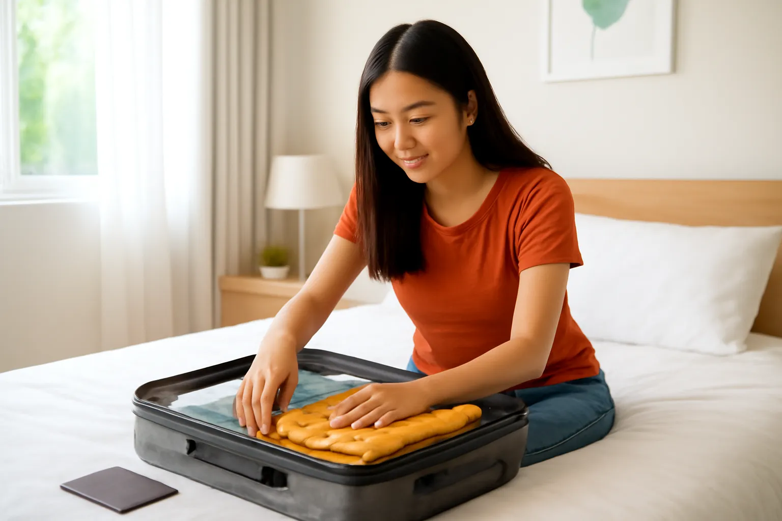 Cô gái xếp đồ vào vali trên giường, hộ chiếu úp bên cạnh