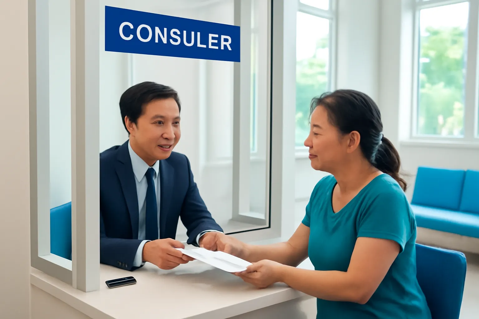 Nhân viên quầy tiếp dân trao đổi với phụ nữ trung niên qua tấm kính