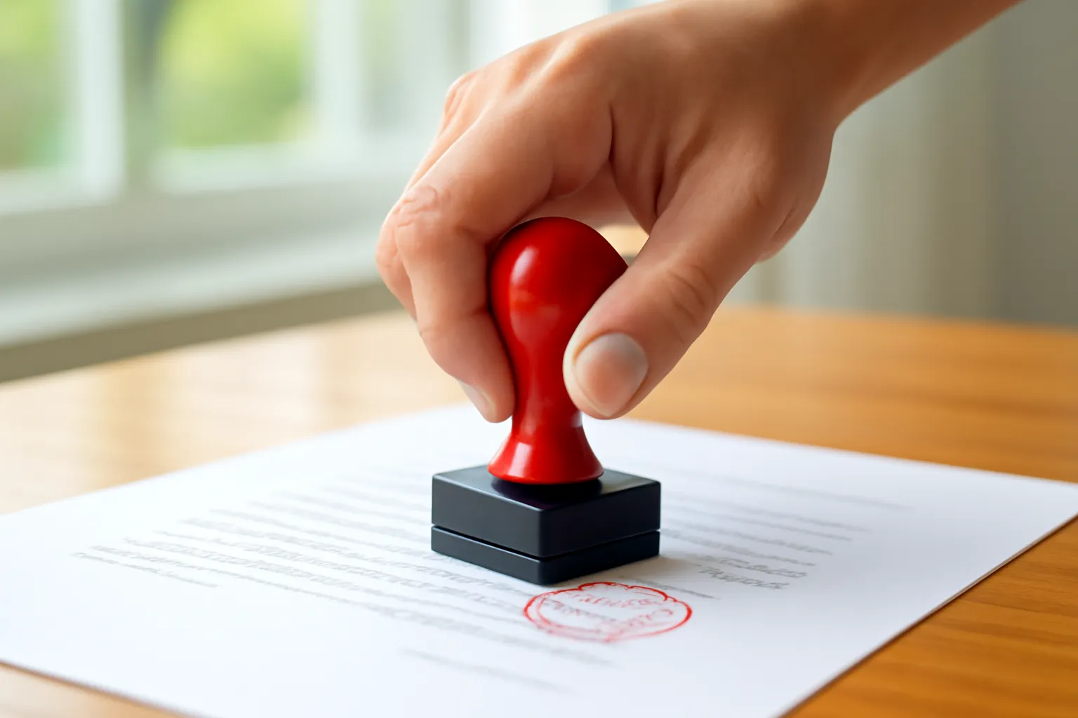 Bàn tay đóng dấu đỏ lên tờ giấy trắng