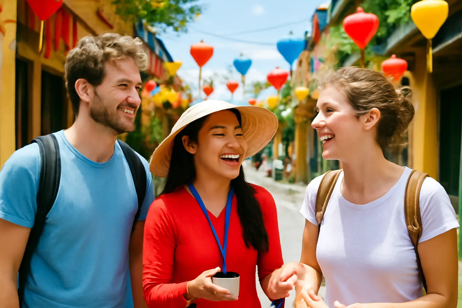Hướng dẫn viên Việt cười nói với hai du khách ở phố cổ