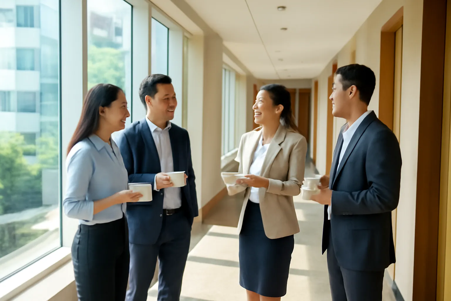 Hai đoàn đứng trò chuyện ngoài hành lang giờ giải lao