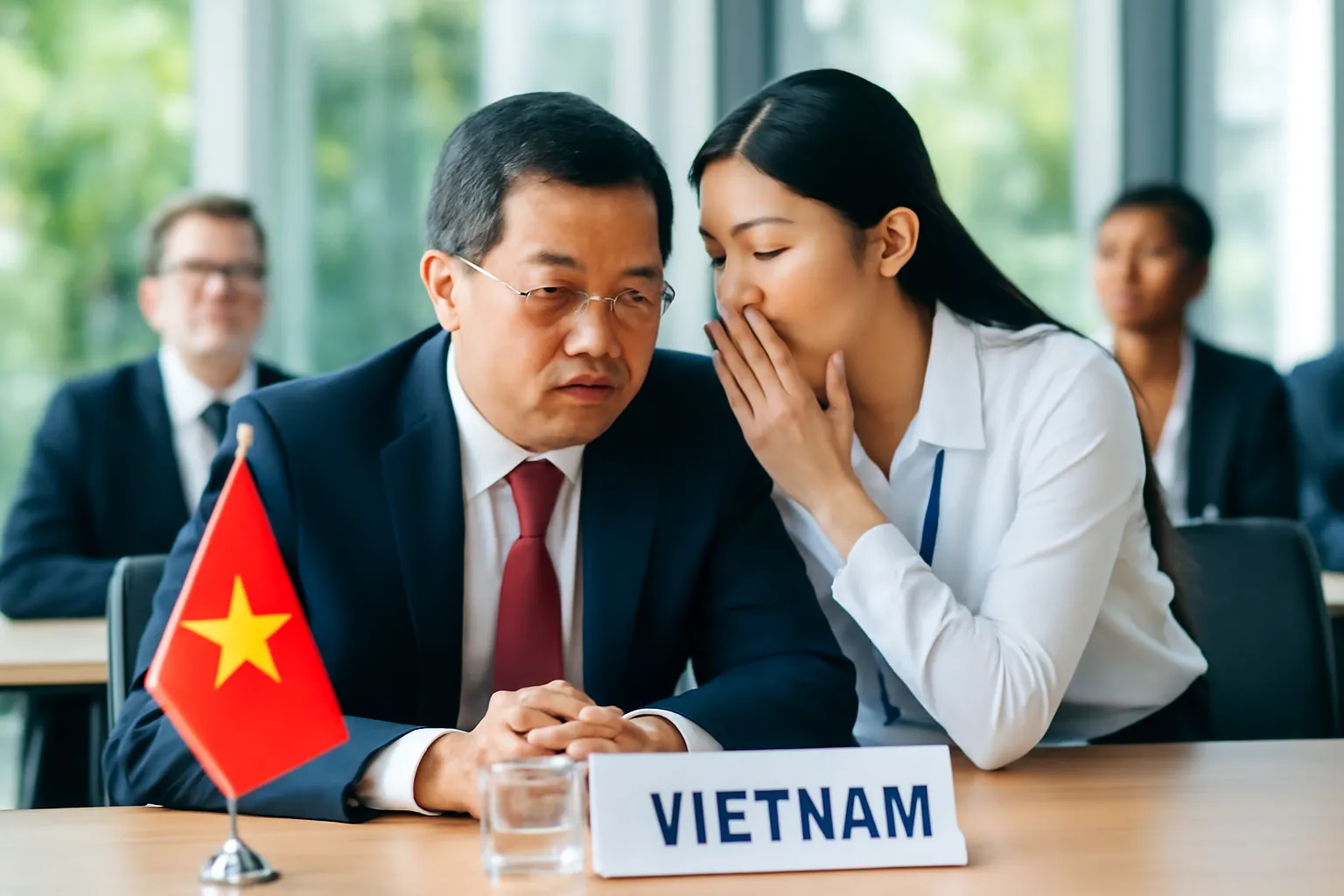 Phiên dịch viên nghiêng người nói nhỏ với trưởng đoàn bên bàn họp