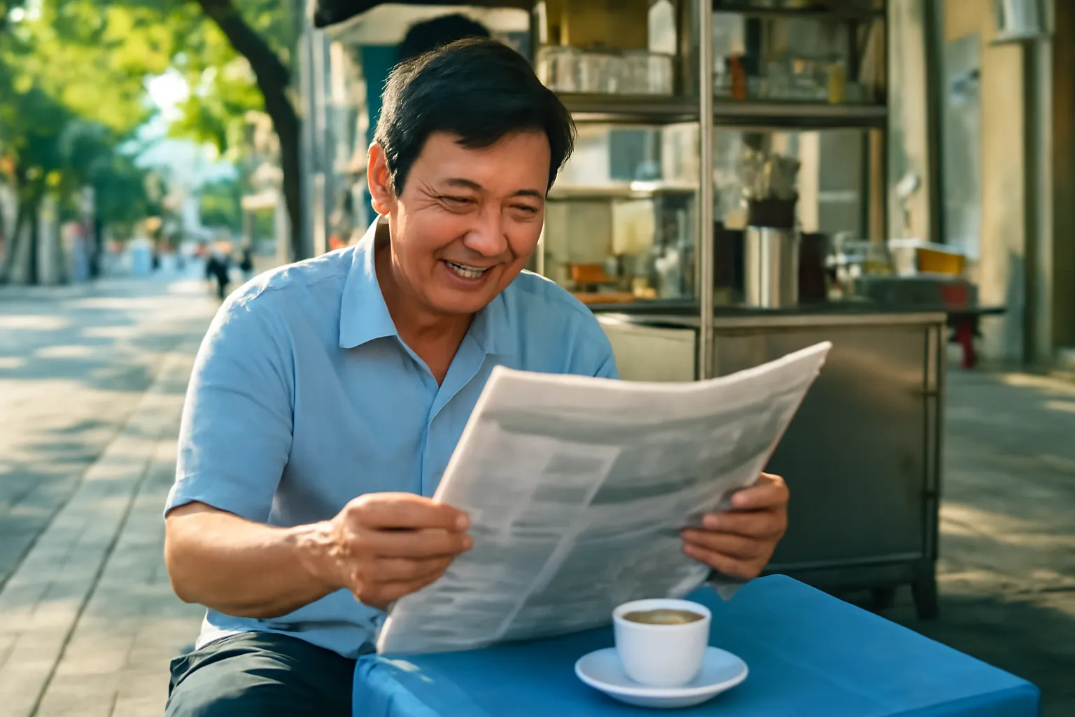 Người đàn ông đọc báo giấy ở quán cà phê vỉa hè buổi sáng