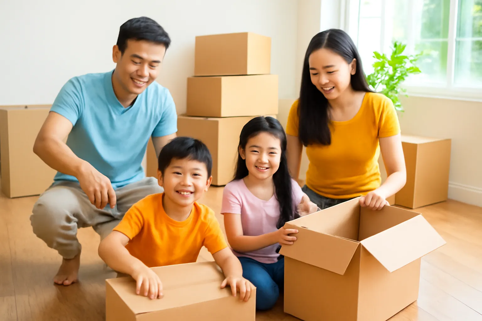 Gia đình bốn người đóng thùng các-tông chuyển nhà