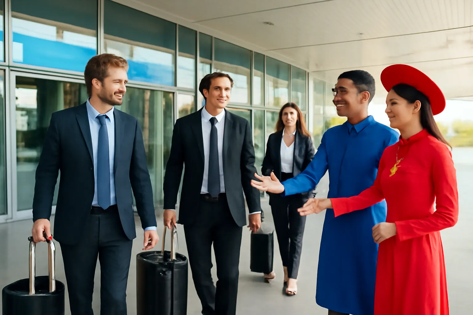 Đoàn khách mặc vest kéo vali đi dọc sảnh đến sân bay