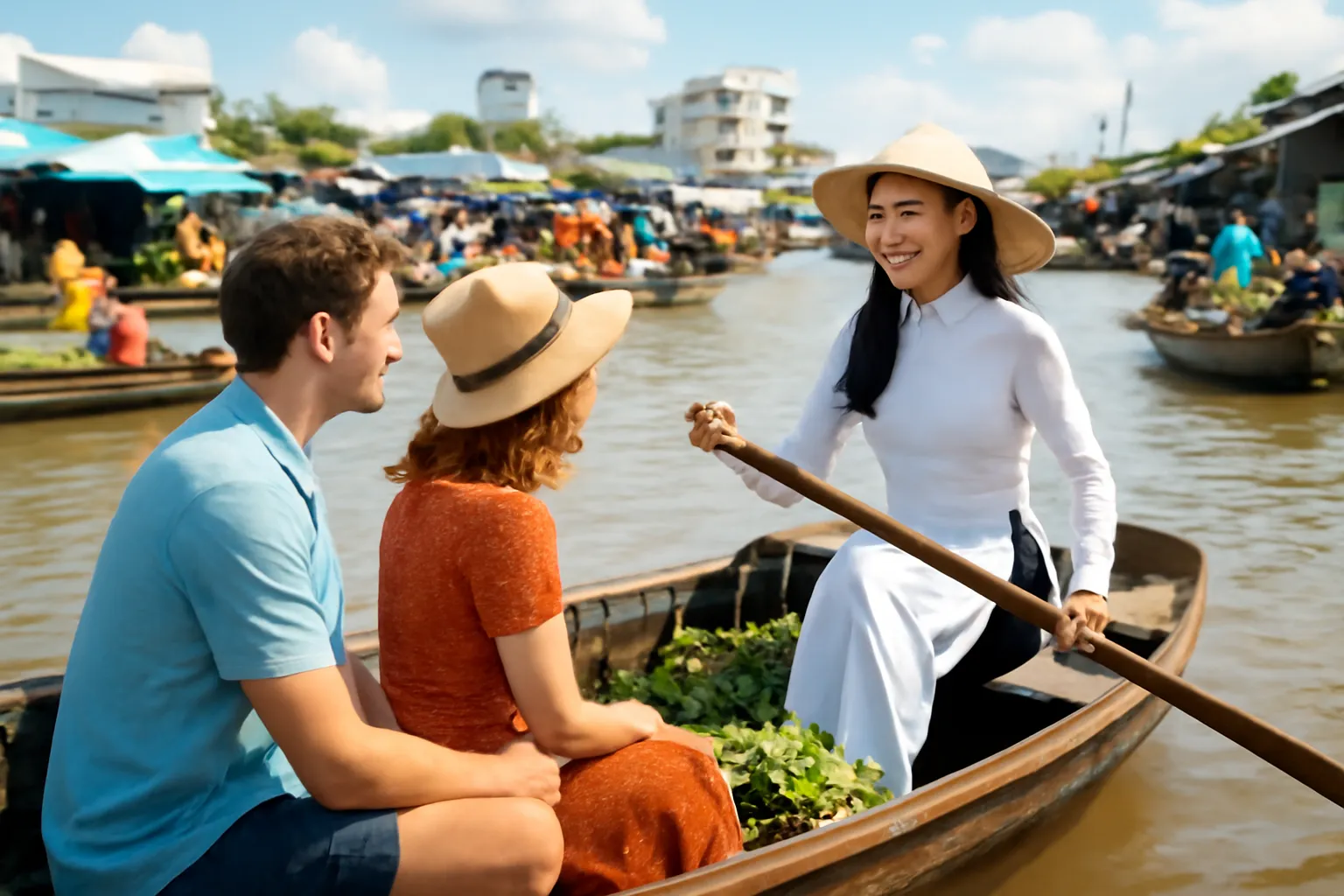Cô gái áo dài dẫn nhóm khách đi qua chợ nổi miền Tây