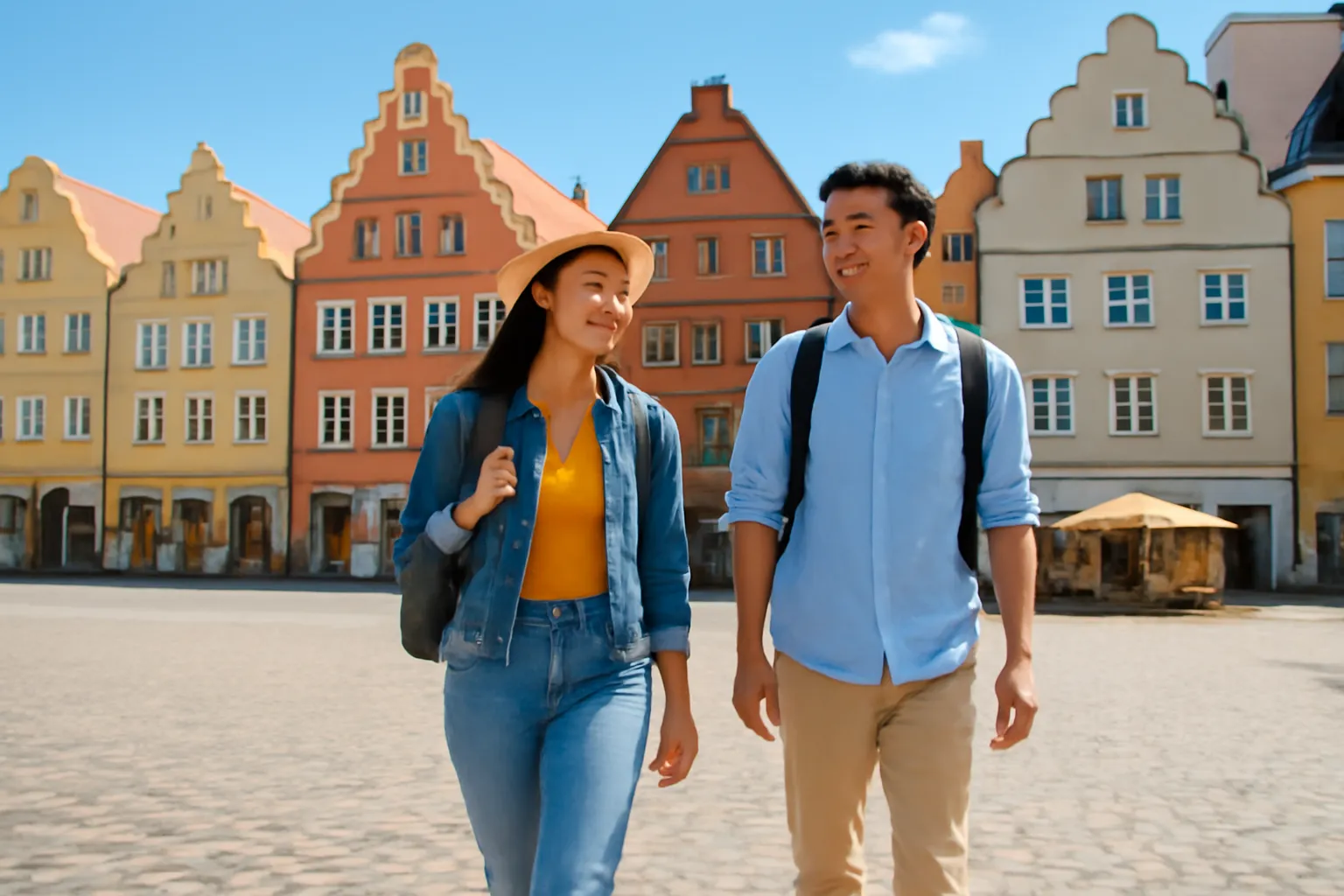 Du khách Việt đi trên quảng trường đá cổ châu Âu