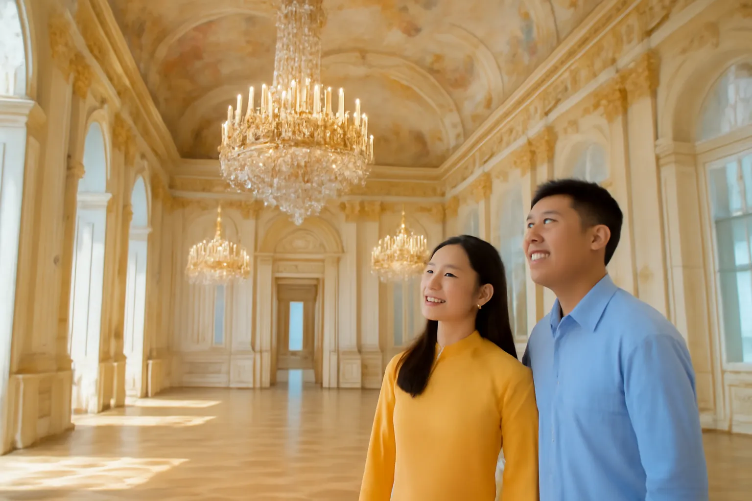 Phòng khiêu vũ cổ điển đèn chùm, đôi du khách đứng ngắm