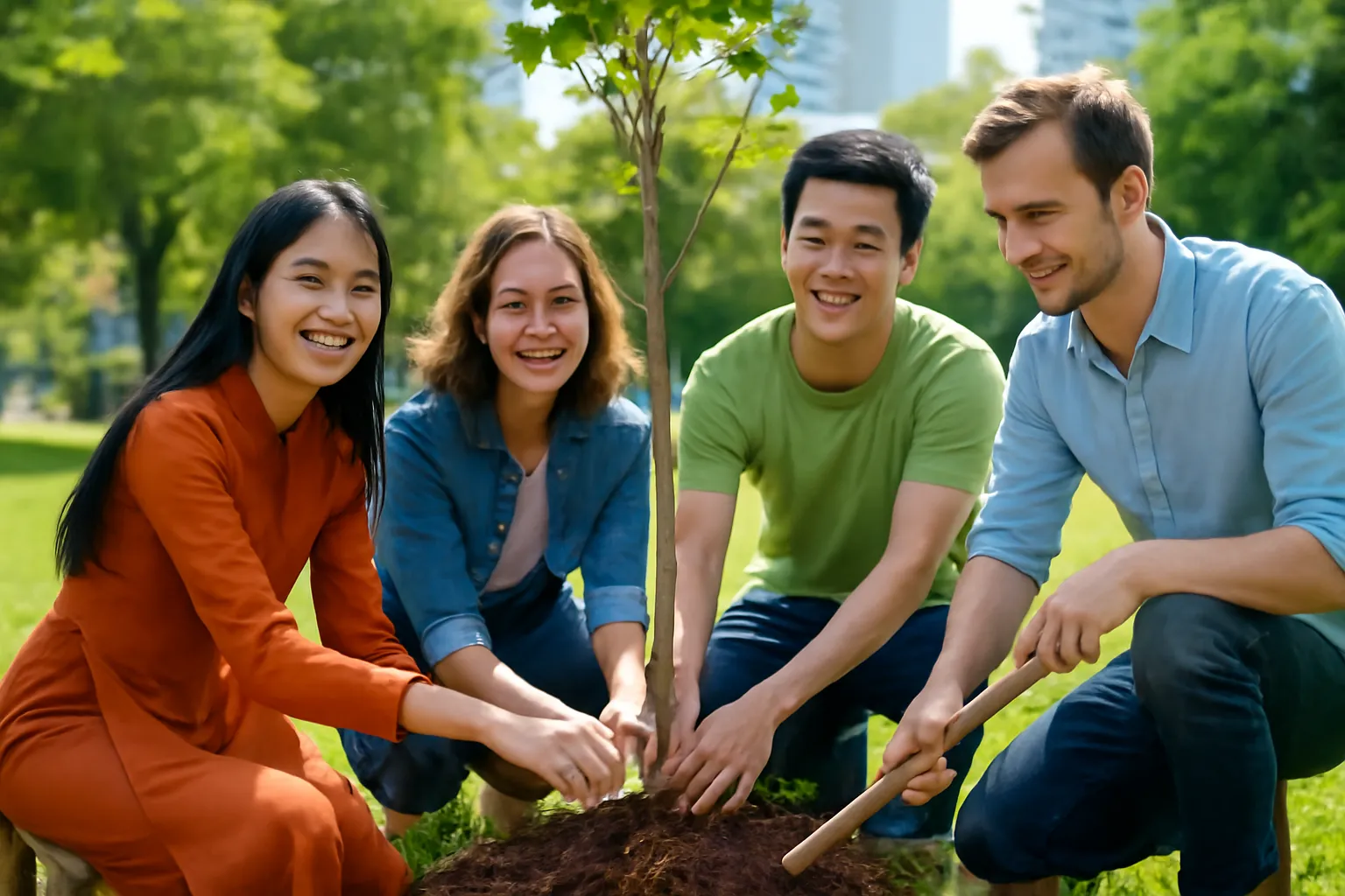 Hai nhóm học sinh hai nước trồng cây cùng nhau trong công viên