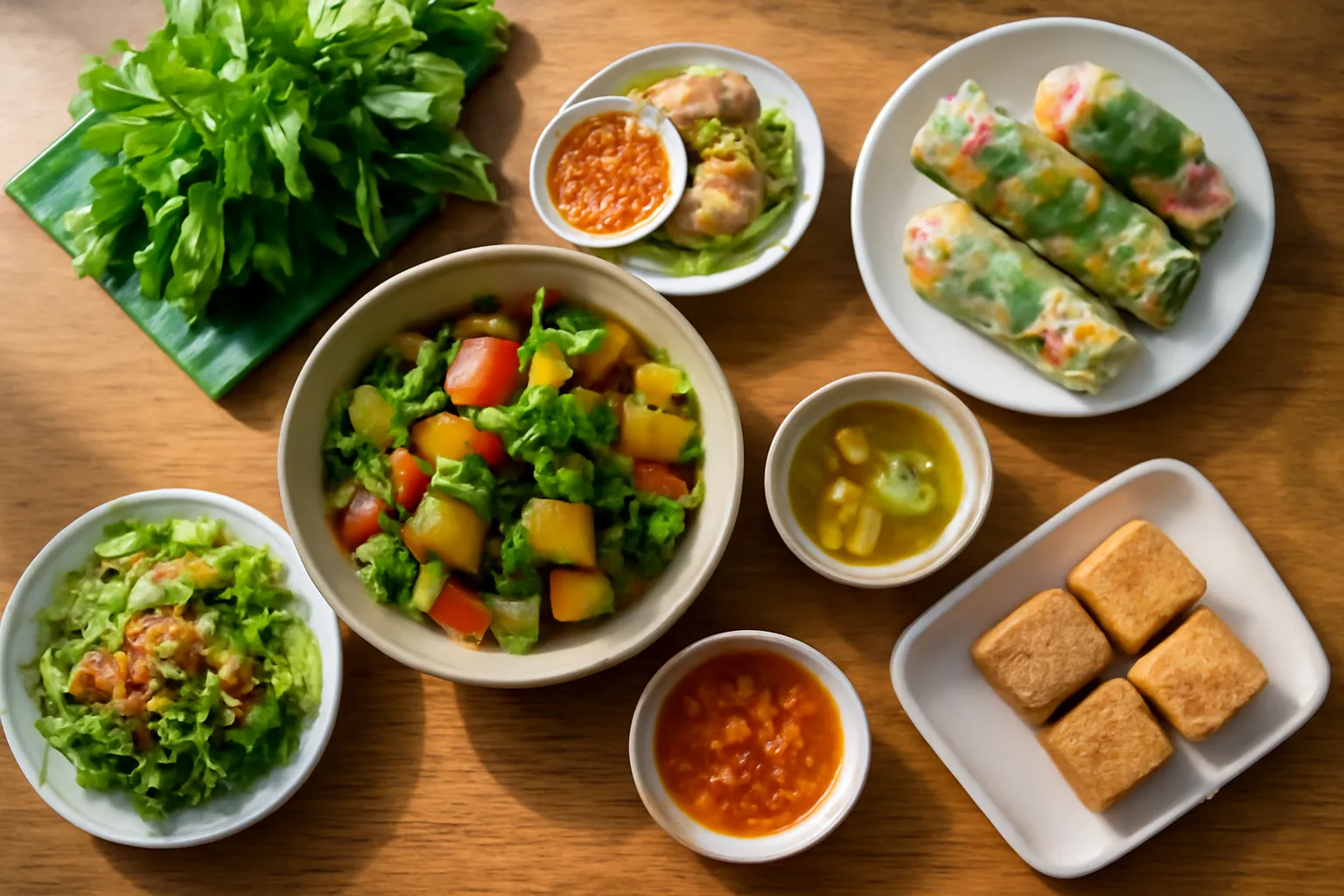 Bàn ăn chay nhiều món rau củ nhiều màu nhìn từ trên xuống