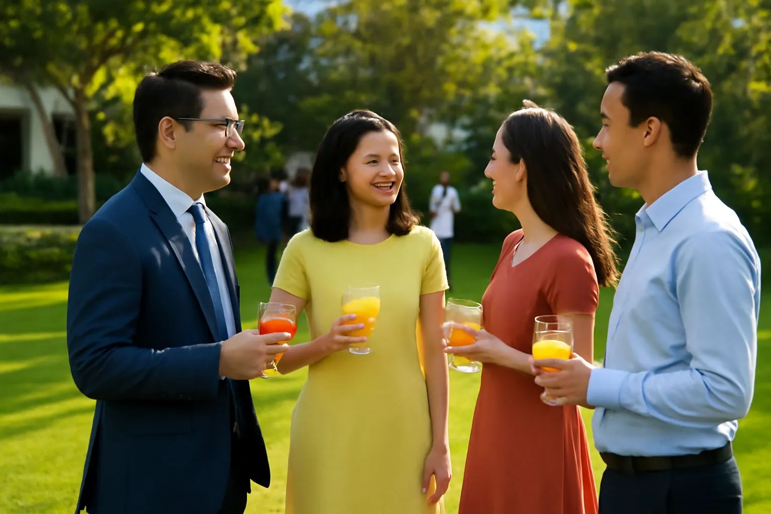 Khách cầm ly nước trái cây trò chuyện trên bãi cỏ vườn chiều