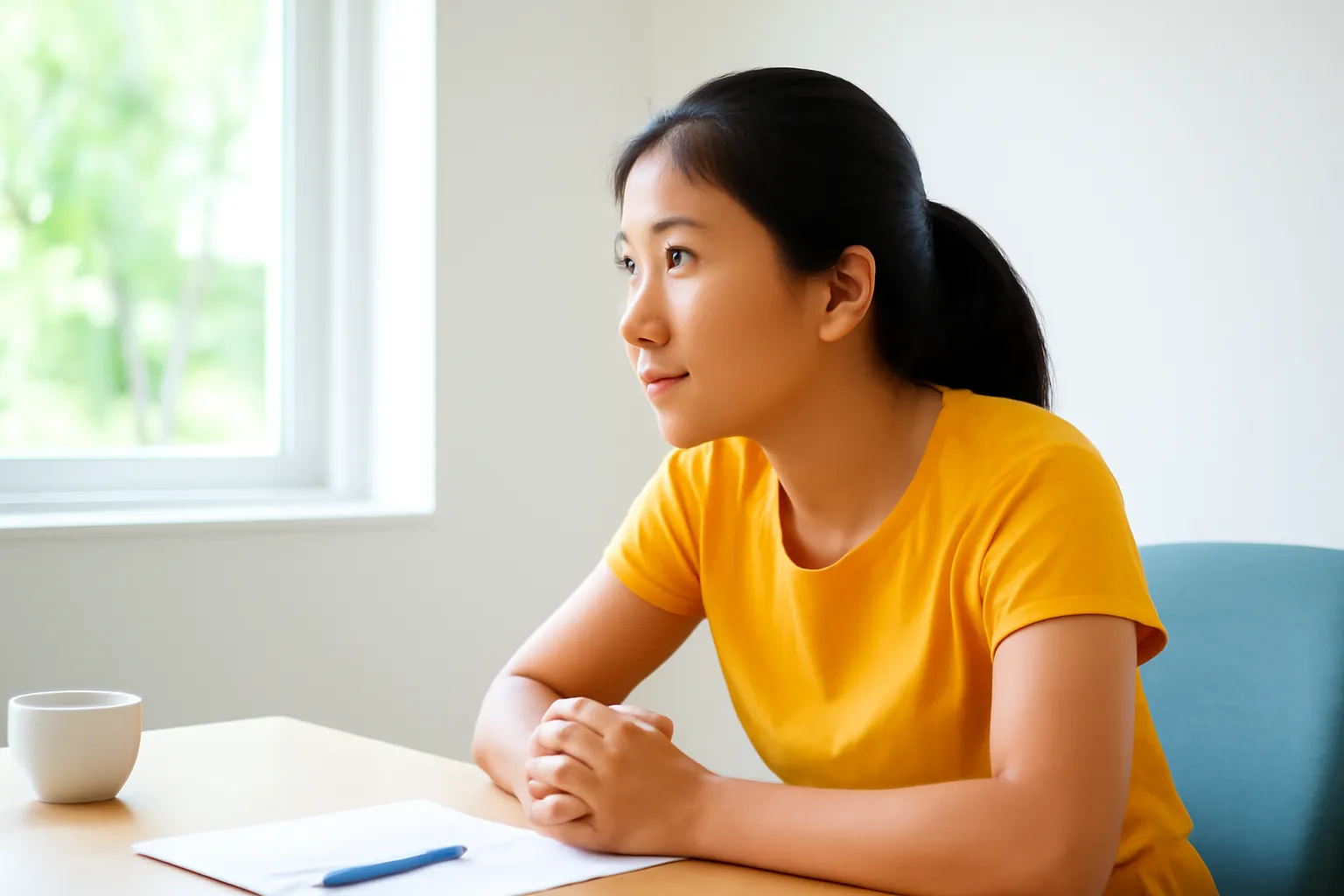 Người phụ nữ nghiêng người lắng nghe trong phòng họp nhỏ, gật đầu