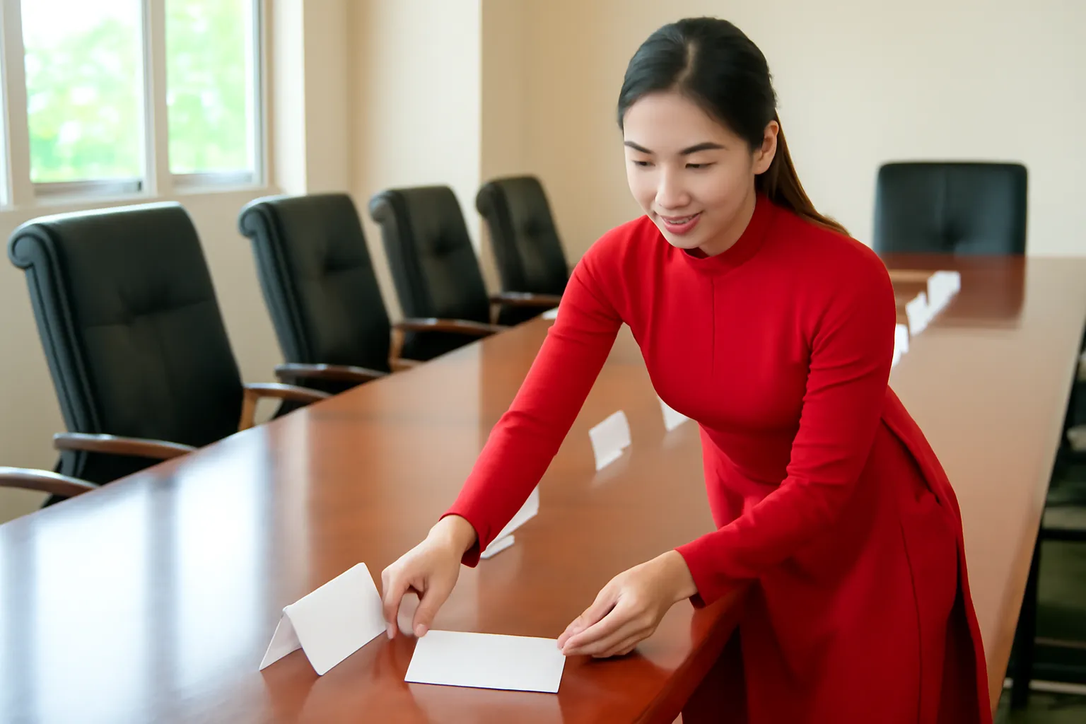 Nữ cán bộ lễ tân đặt bảng tên trống lên bàn hội nghị dài