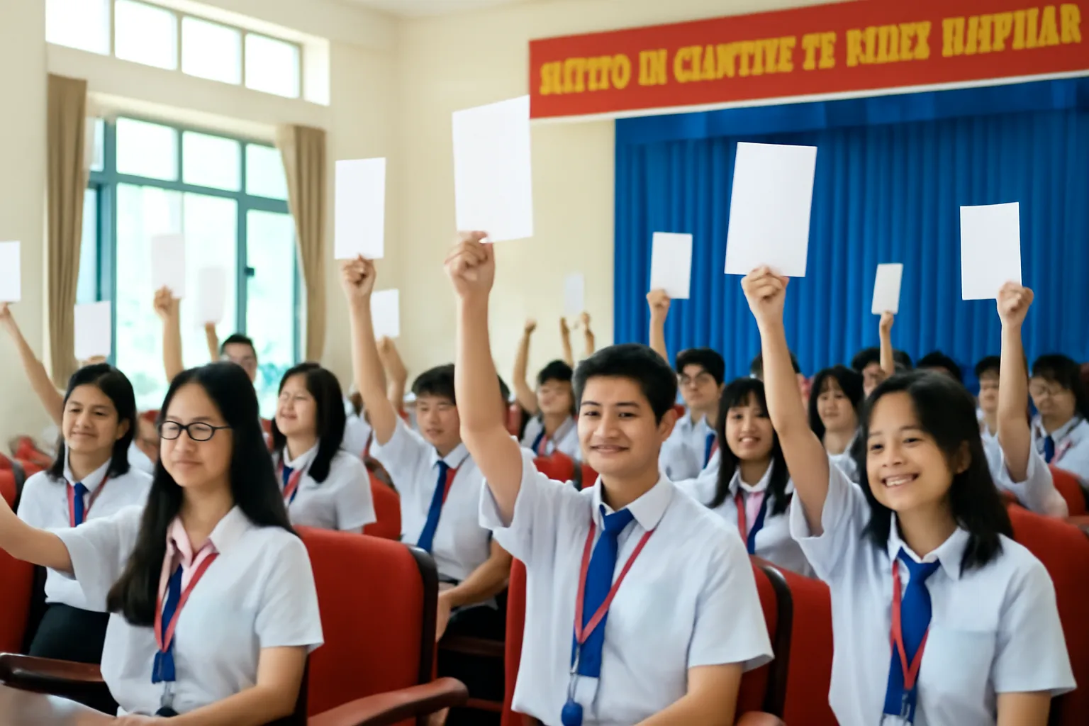 Học sinh đóng vai đại biểu trong hội trường trường học