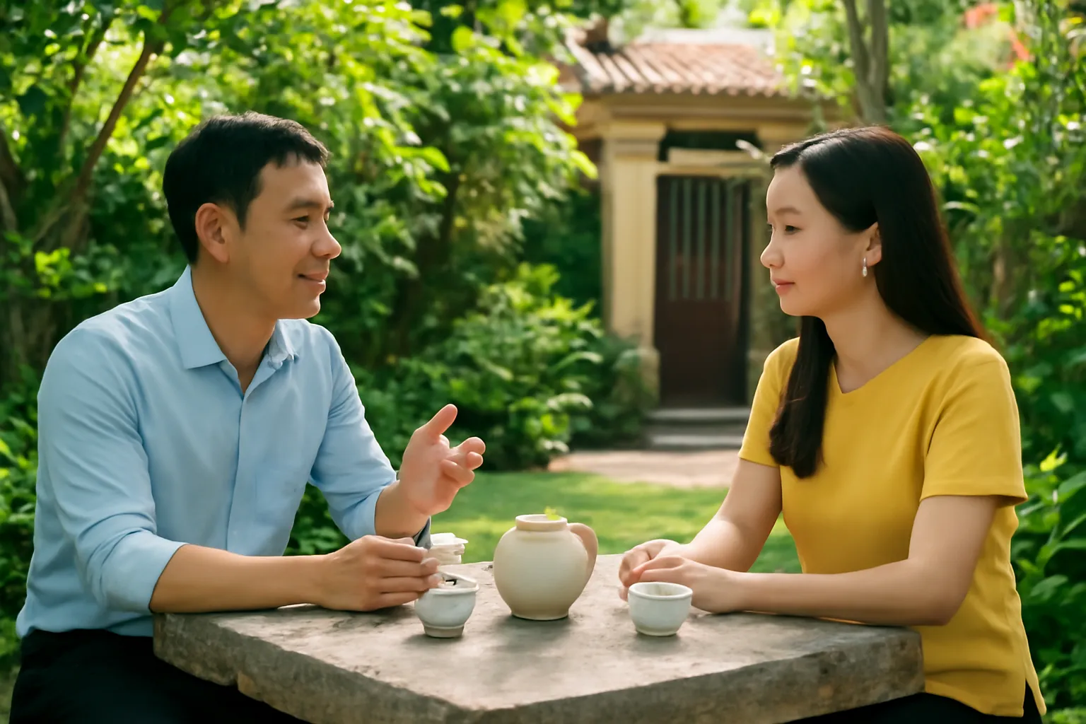 Hai người ngồi đối diện bên bàn trà sân vườn đang trao đổi