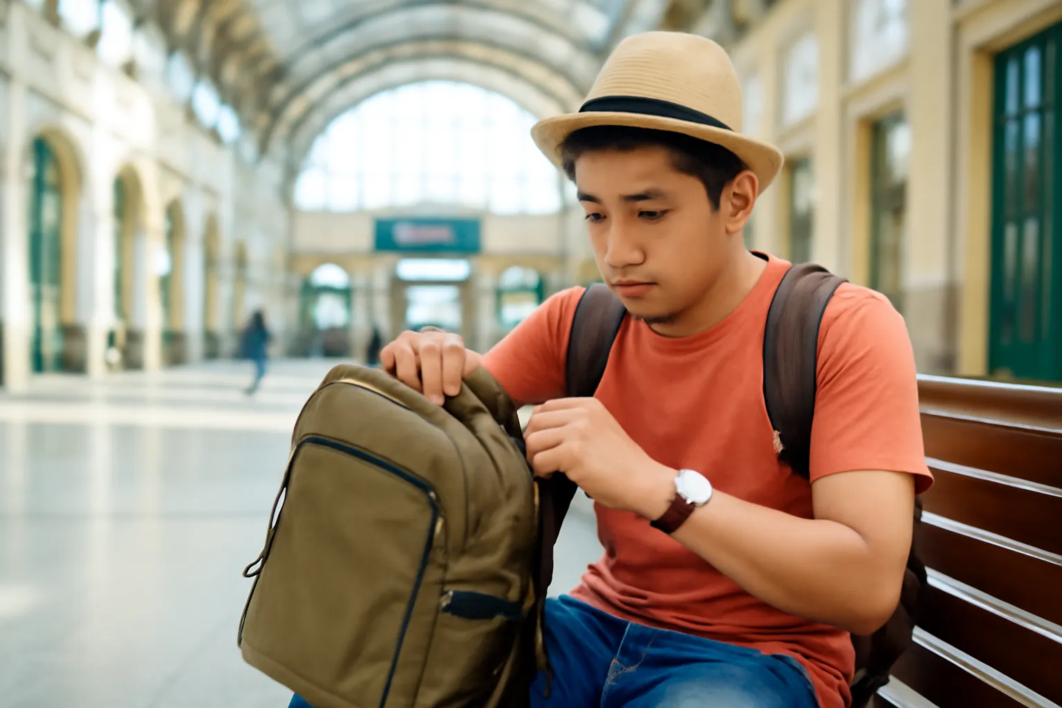 Du khách Việt lục ba lô trên băng ghế nhà ga châu Âu