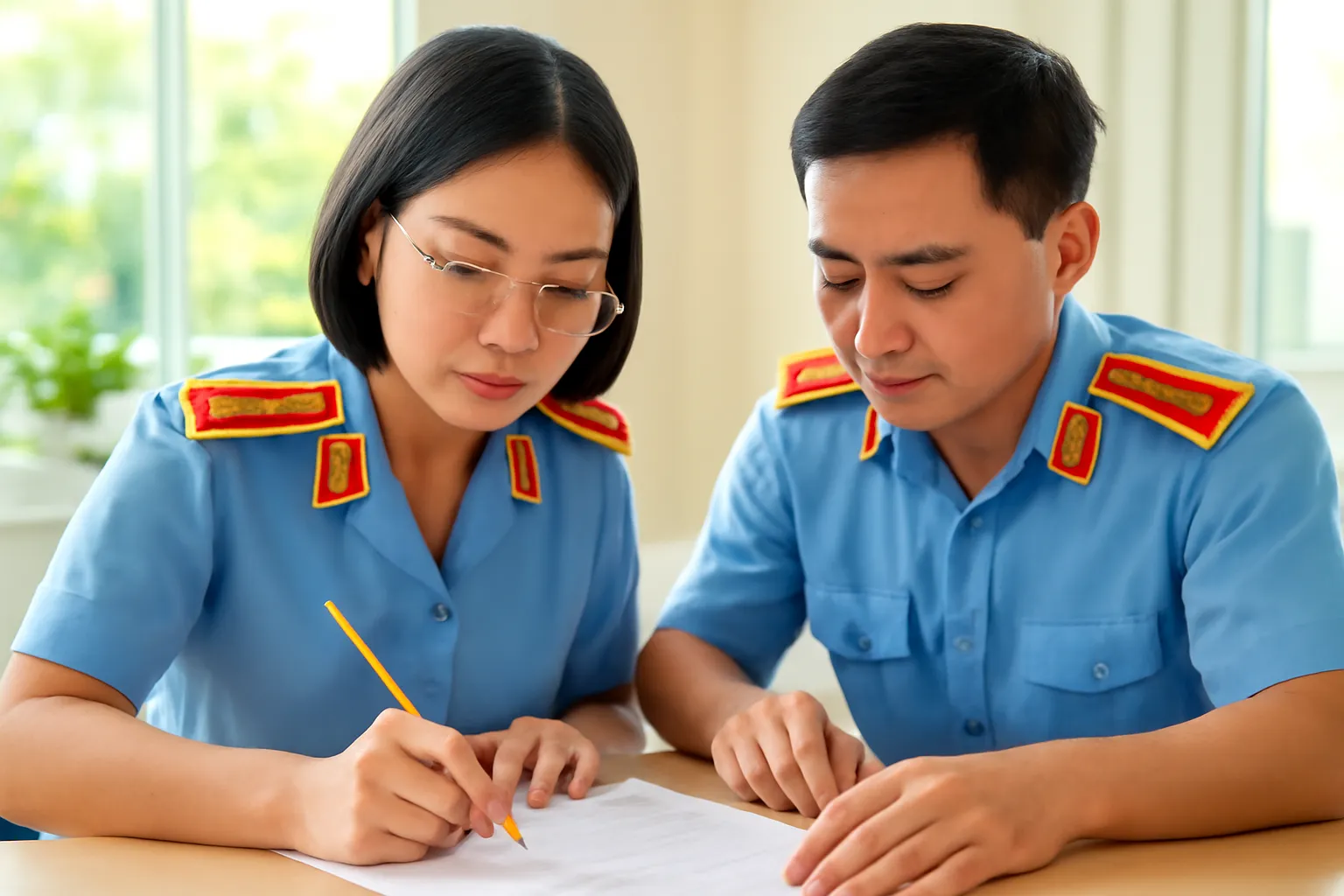 Hai người cùng soạn văn bản, một người gạch xoá bằng bút chì
