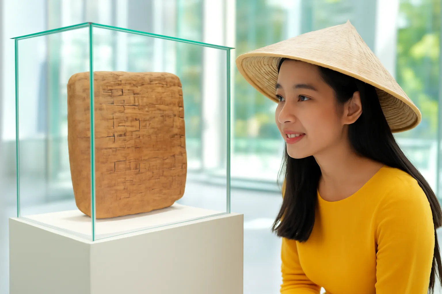 Tấm đất sét khắc chữ nêm trong tủ kính bảo tàng