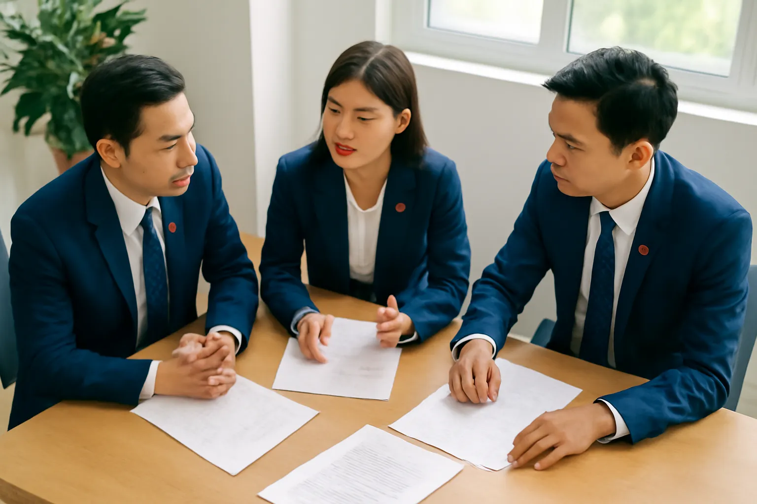 Ba người trẻ thảo luận quanh bàn gỗ với giấy tờ úp mặt