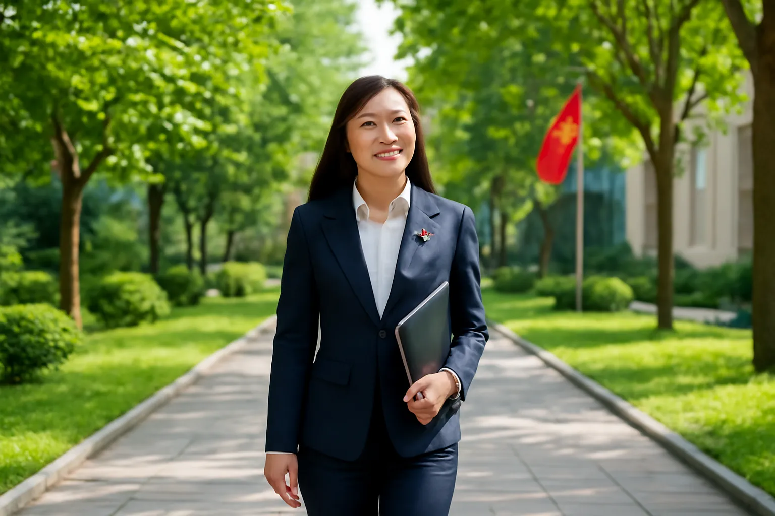 Nữ cán bộ trẻ đi bộ trong khuôn viên có hàng cây, cầm cặp tài liệu