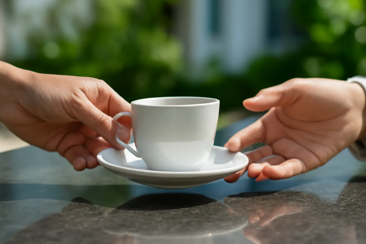 Hai bàn tay đẩy một tách trà qua mặt bàn đá