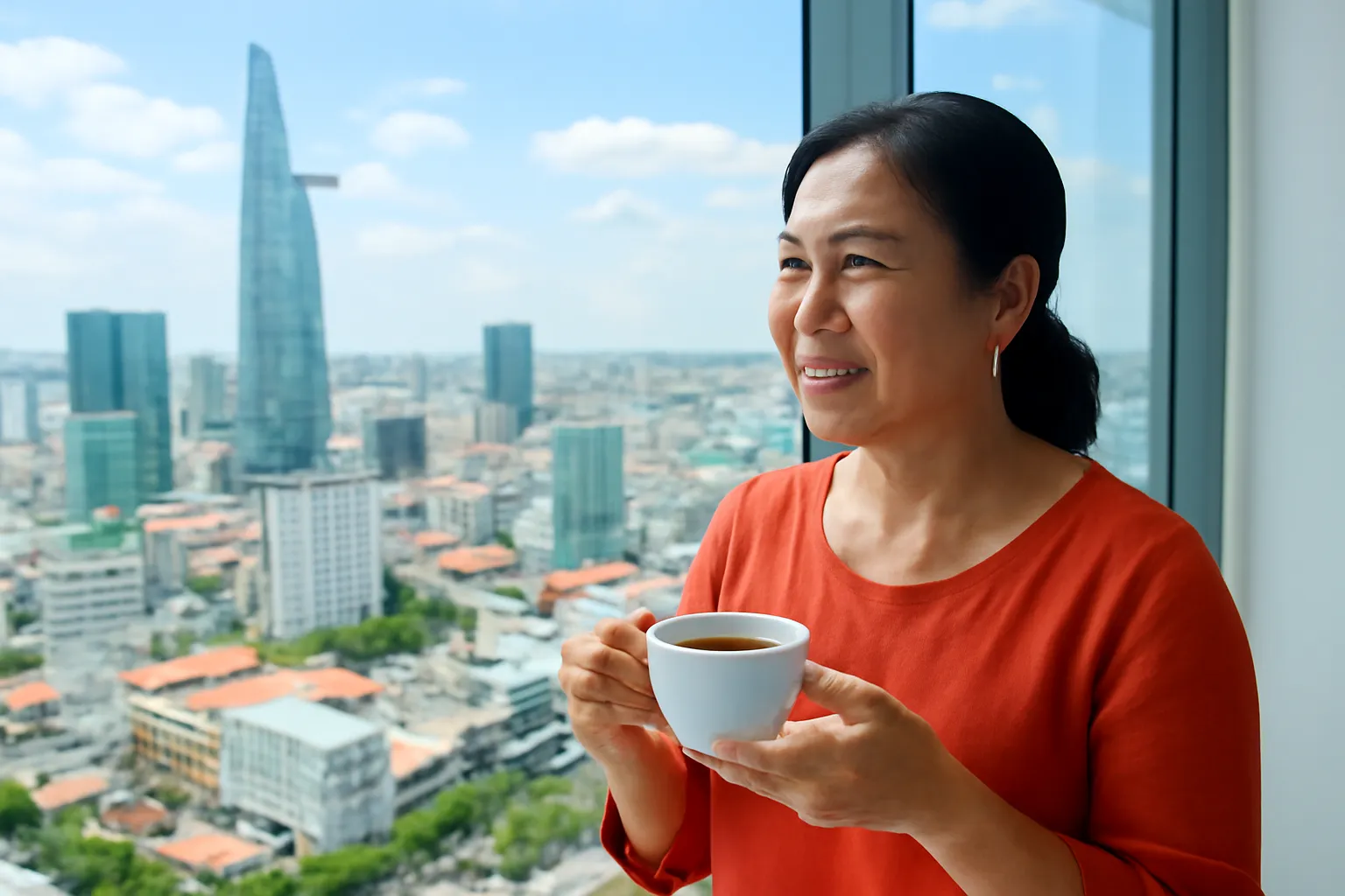 Phụ nữ trung niên đứng bên cửa kính nhìn xuống phố, cầm cốc trà