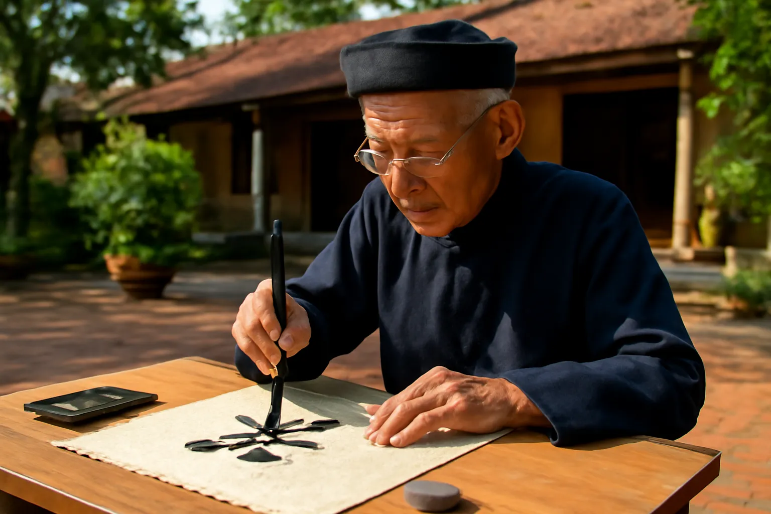 Ông cụ viết thư pháp trên giấy dó ở sân đình