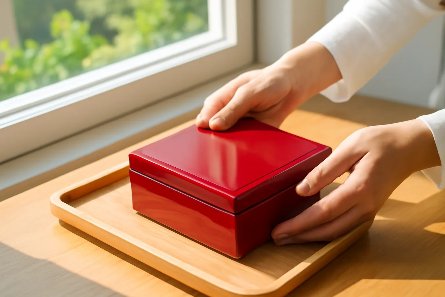 Đôi tay đặt hộp sơn mài lên khay gỗ bên cửa sổ