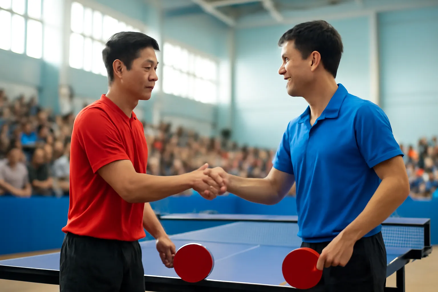 Hai vận động viên bóng bàn bắt tay qua lưới