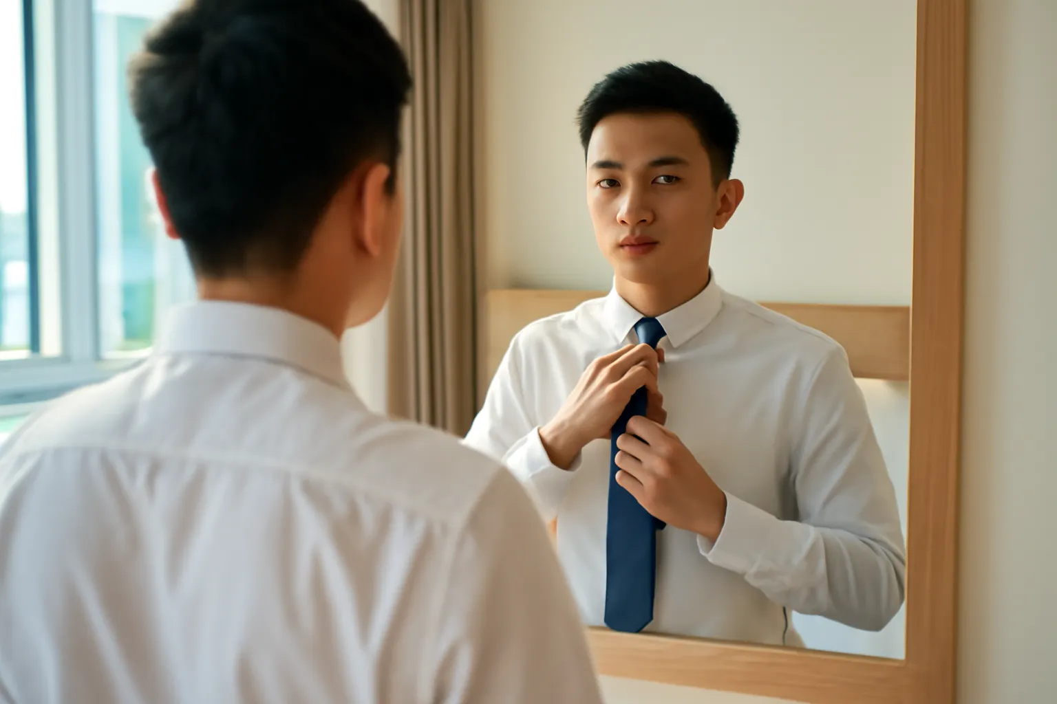 Người đàn ông trẻ thắt cà vạt trước gương phòng khách sạn