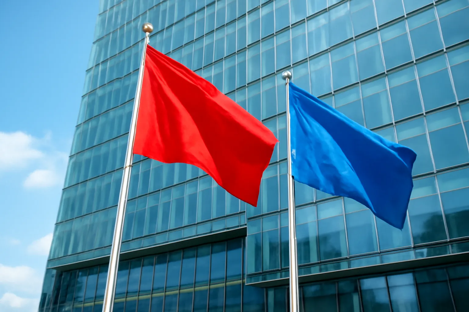 Hai cột cờ trước sảnh toà nhà kính trong ngày nắng có gió nhẹ