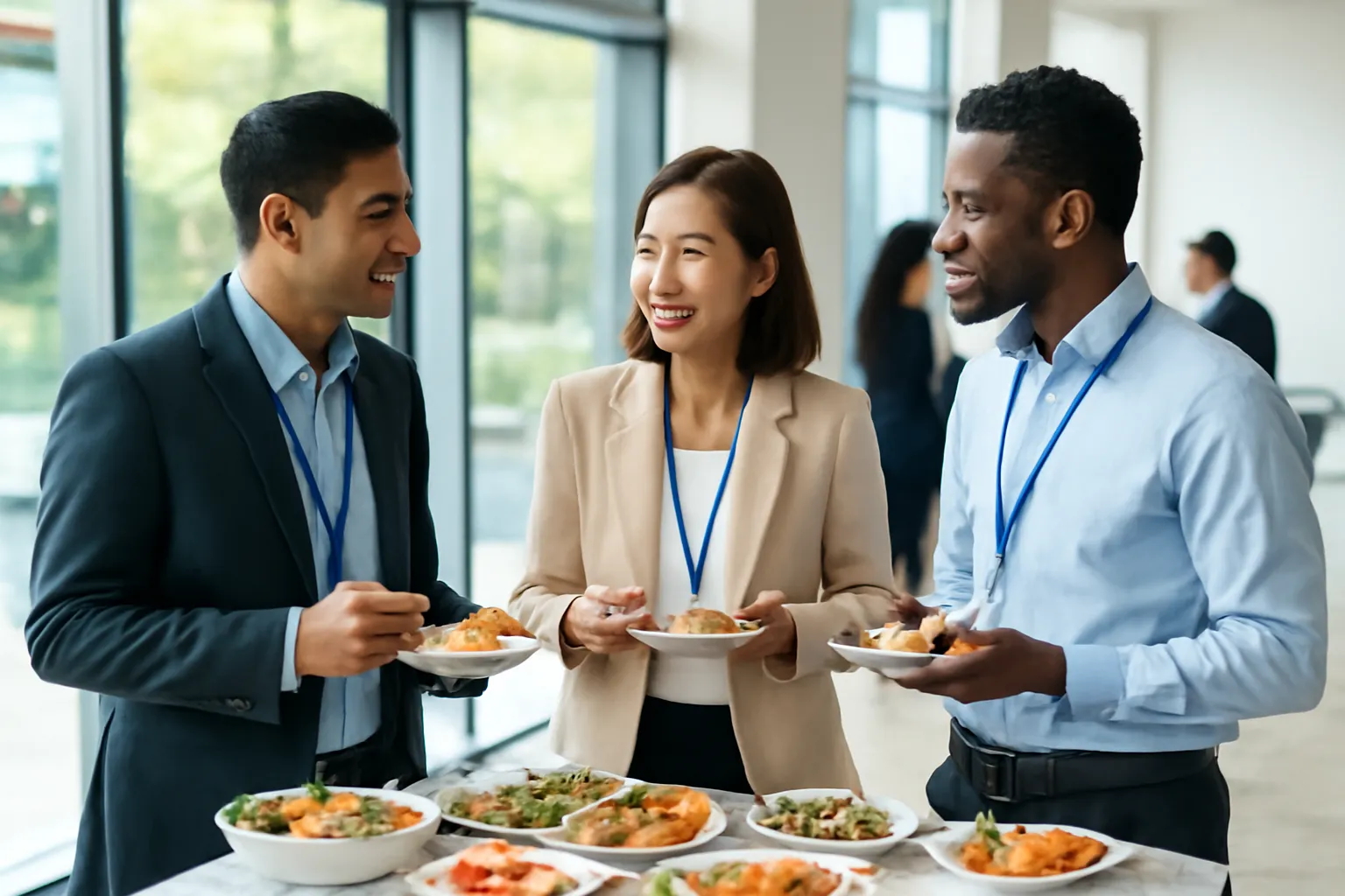 Nhóm ba người cầm đĩa nhỏ trò chuyện quanh bàn tiệc đứng