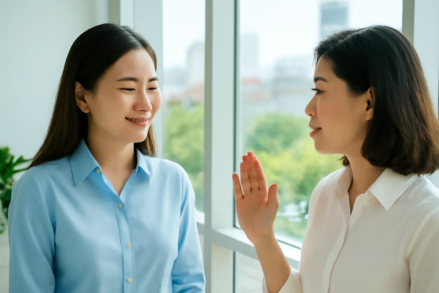 Hai đồng nghiệp đứng nói chuyện bên cửa sổ văn phòng