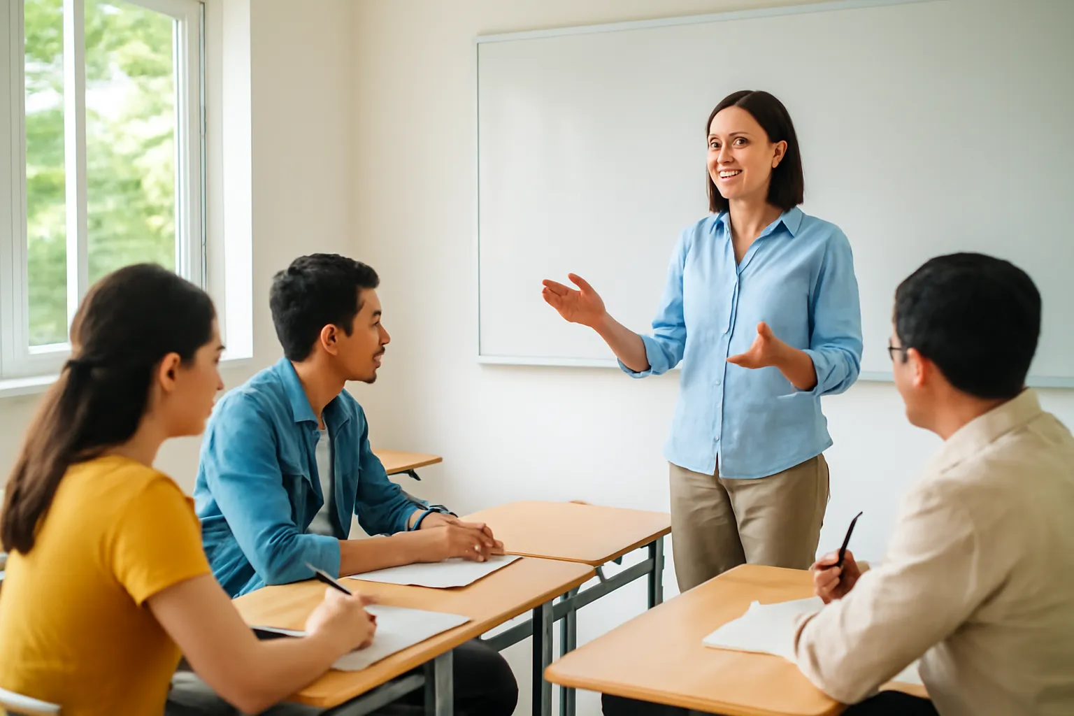 Lớp học tiếng Pháp người lớn ở Hà Nội, cô giáo đứng nói