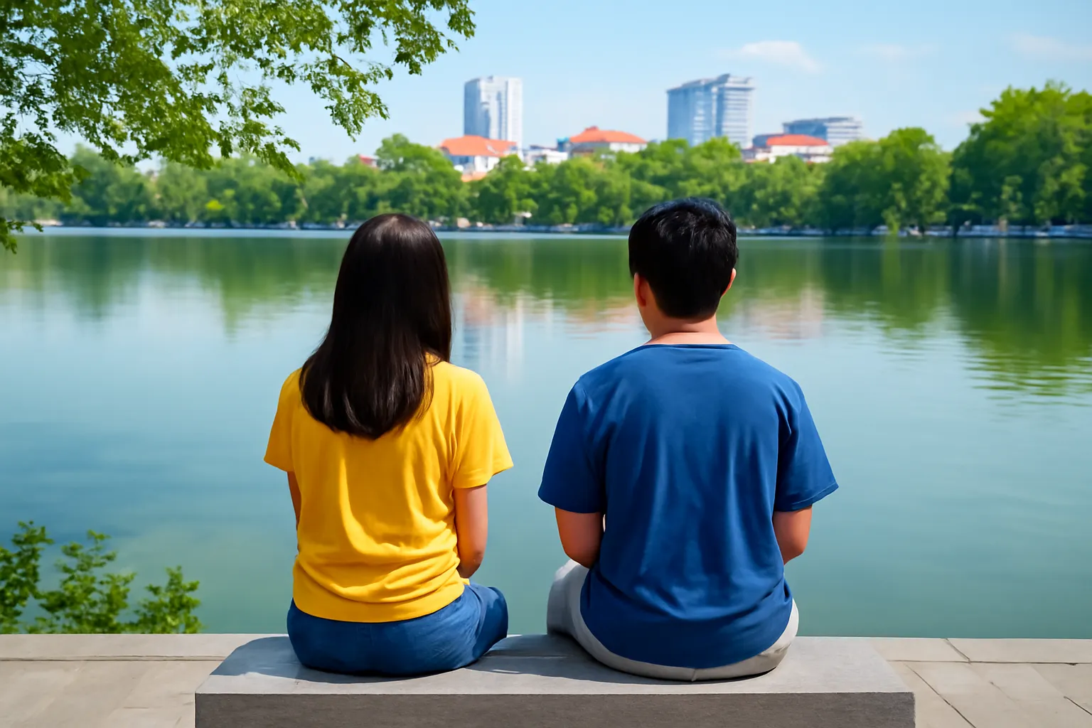 Hai người ngồi trên ghế đá bên hồ nhìn mặt nước không nói